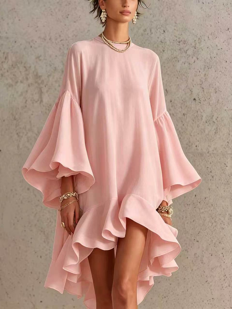 Bell Sleeve Asymmetrical Ruffle Dress