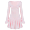 V-Neck Pleated Bell Sleeve Dress
