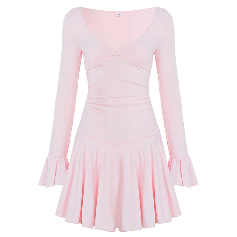 V-Neck Pleated Bell Sleeve Dress
